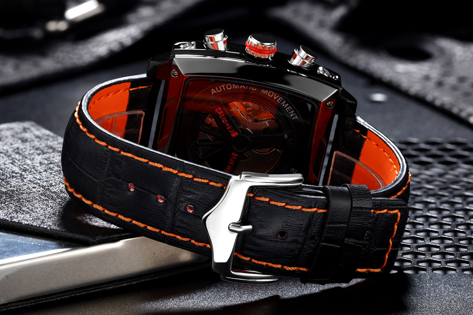 Automatic Self Wind Mechanical Genuine Leather Stainless Steel Black Orange Blue Casual Perspective See Through Men Watch 201218