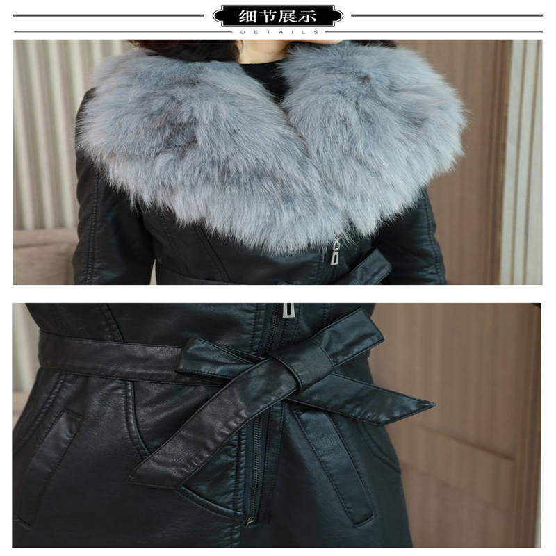 Women's Winter Faux Fur Collar Leather Loose Coats Women's commuter Slim Collect waist plus-size velvet thick Leather jacket 201020