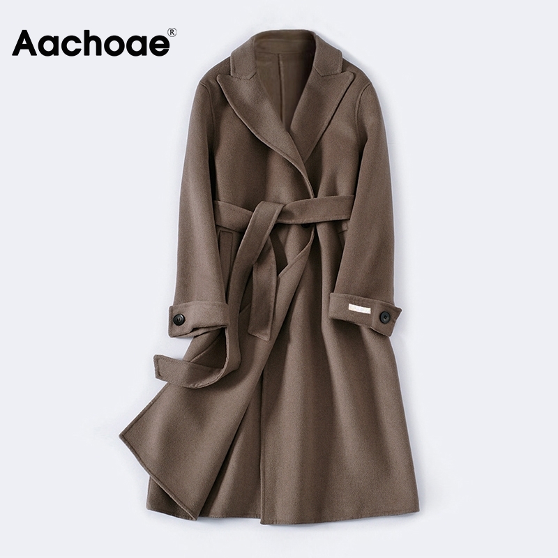 Aachoae Solid Color 100% Wool Long Coat Women Loose Casual Long Sleeve Sashes Outerwear Double Breasted Chic Ladies Overcoat 201216