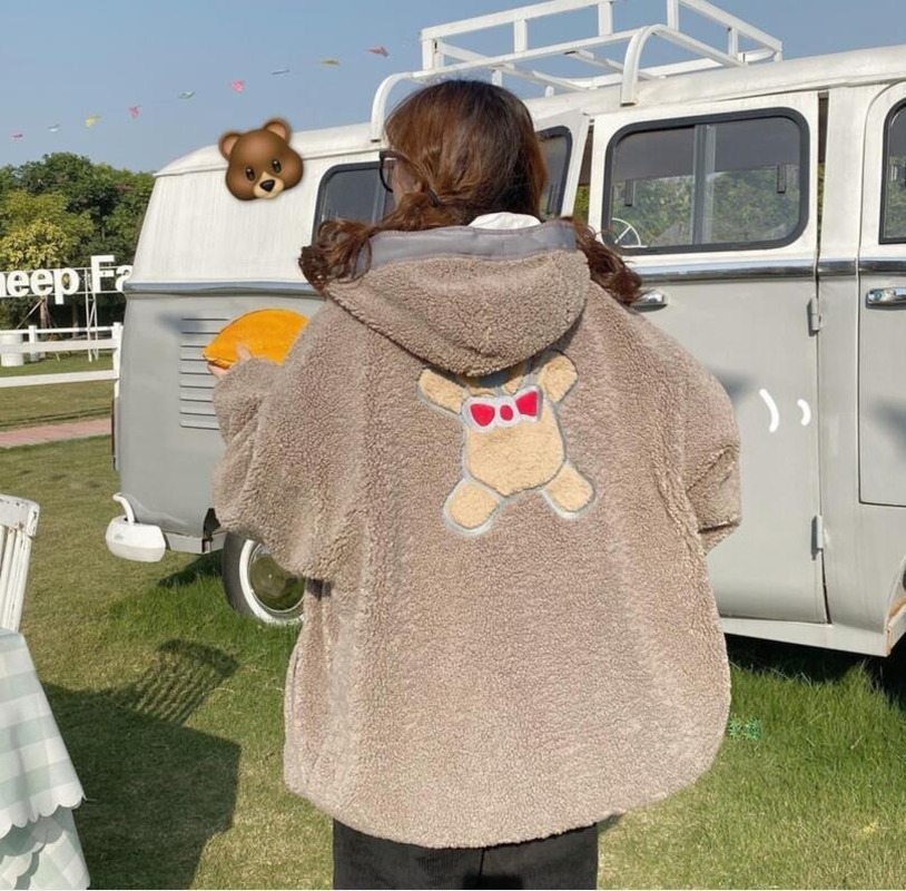 Cute Bear Print Allmatch Casual Cotton Coats Women on Both Sides Wear Coat Kawaii Soft Warm Loose Harajuku Jacket Autumn Winter 201027
