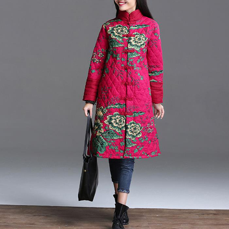 Chinese Red Floral Women Winter Warm Long Jacket Vintage Padded Coat Female Blue Flower Winter Quilted Parka Ladies Windbreaker 201217
