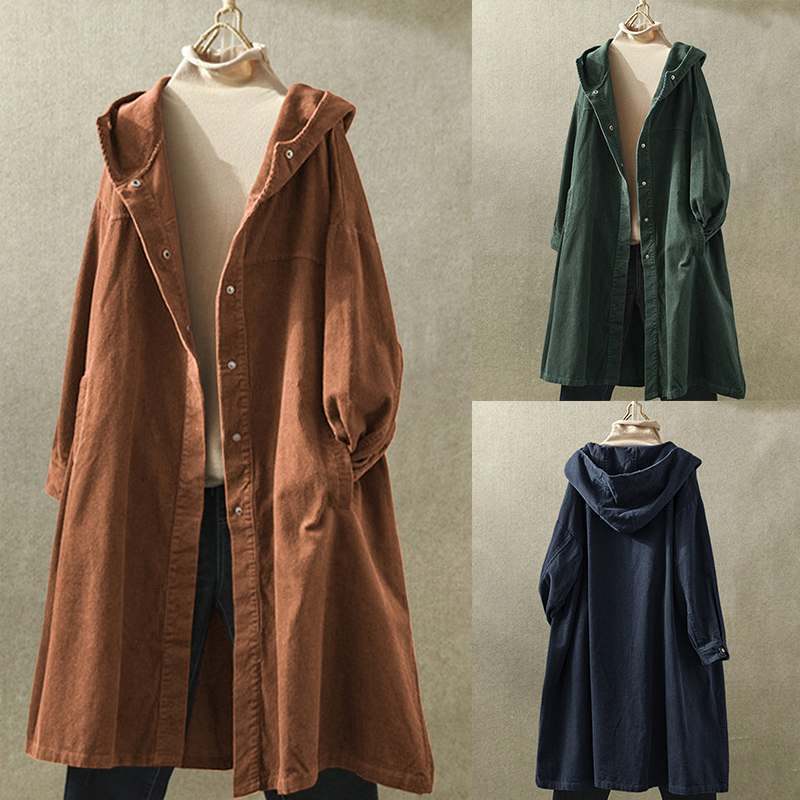 ZANZEA Vintage Corduroy Jackets Autumn Women Hoodies Long Sleeve Long Cardigan Hooded Outwear Thin Coats Female Buttons Down Top T200111