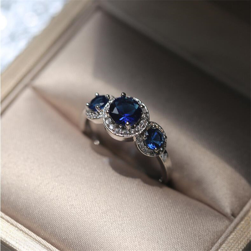 Sterg Sier Three Stone Blue Sapphire CZ Dia Wedding Engagement Ring for Women