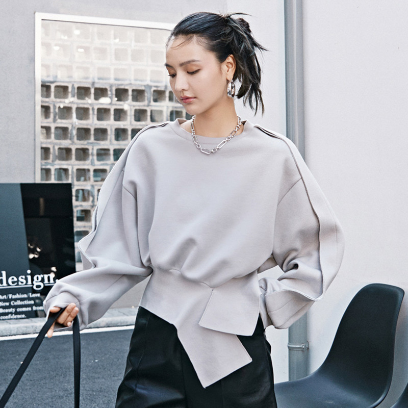 LANMREM Gary round-neck long-sleeve Irregular hem pullover all-match new autumn sweatshirt for female fashion tide 2A1231 201204