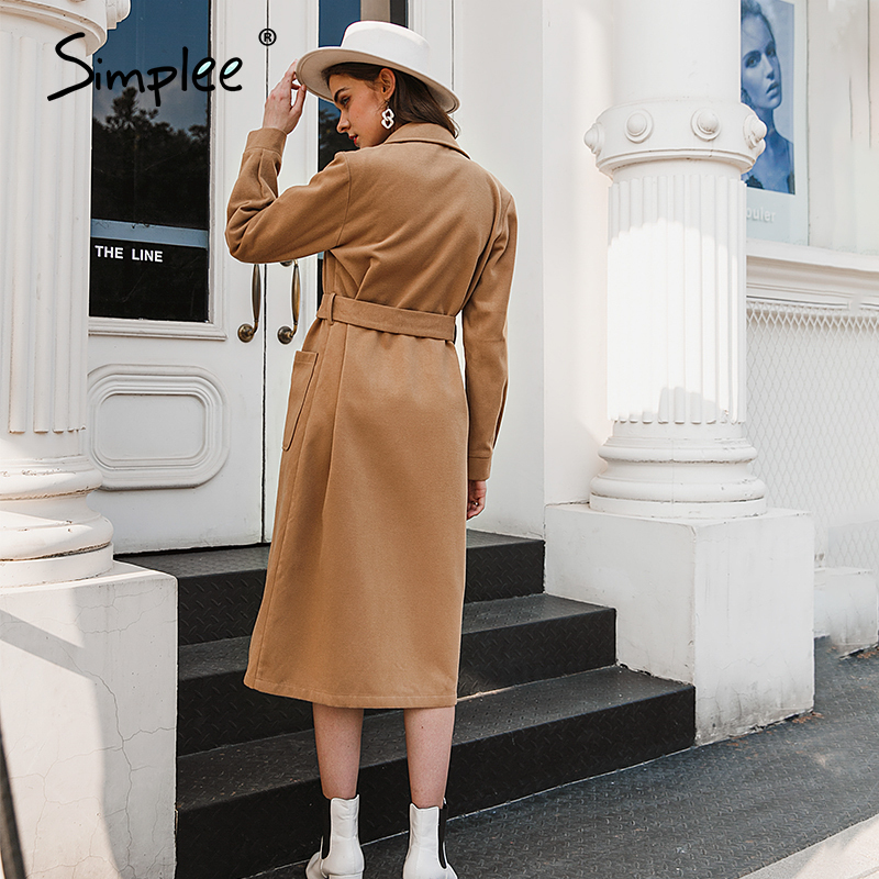 Office lady camel autumn winter female wool coat High street fashion long sleeve coat Elegant pocket outwear with belt 201222