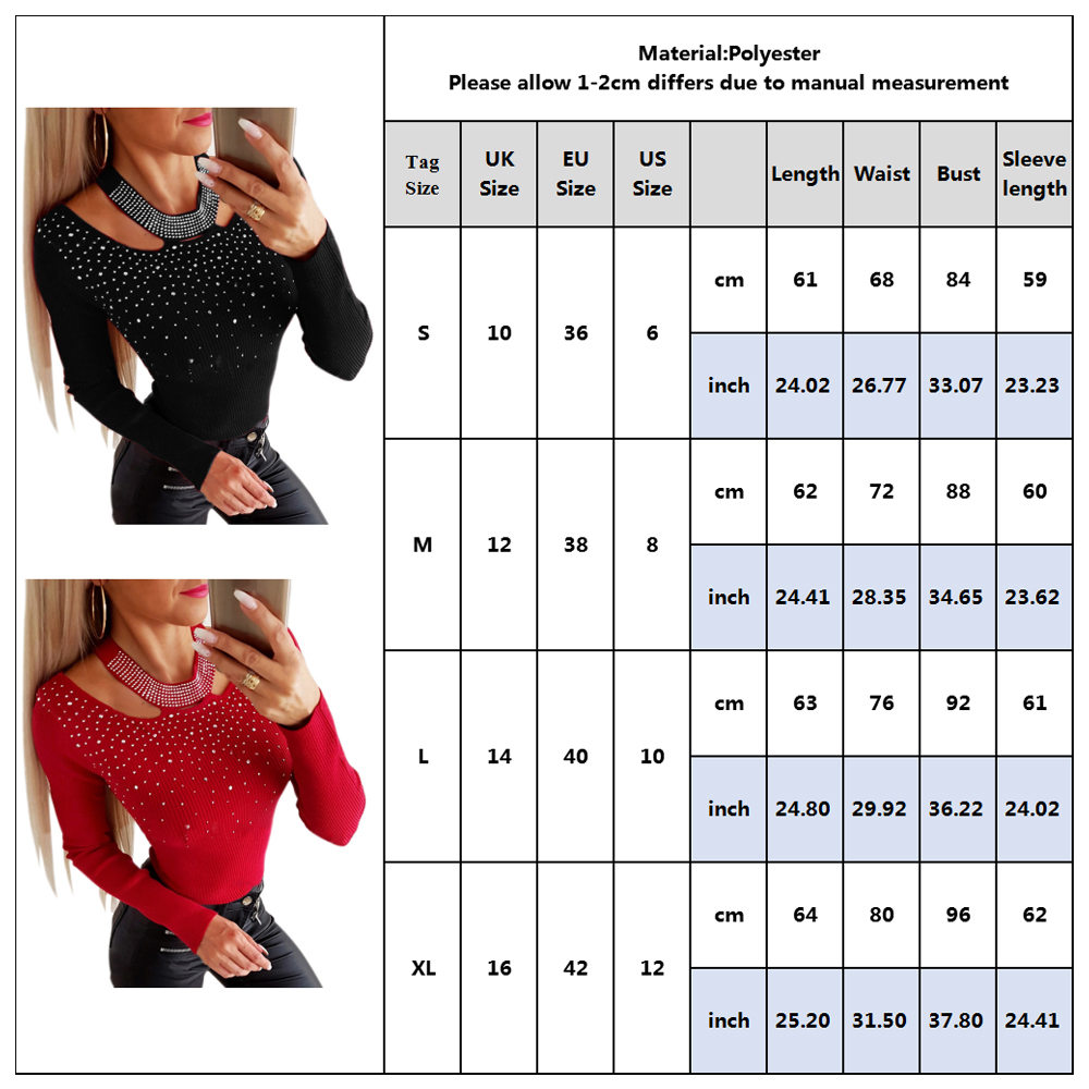 Women T-shirt Knit Halter Beading Tops Sexy Hollow Out Black Red Ladies Tee Shirt Spring Slim Tops Long Sleeve Camisa Mujer D30 201028