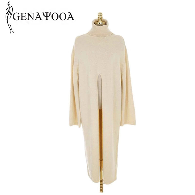 Genayooa Womens Turtleneck Pullover Sweater Long Sleeve Vintage Loose Knit Sweater Split Solid Long Jumper Ladies Korean Style 201128
