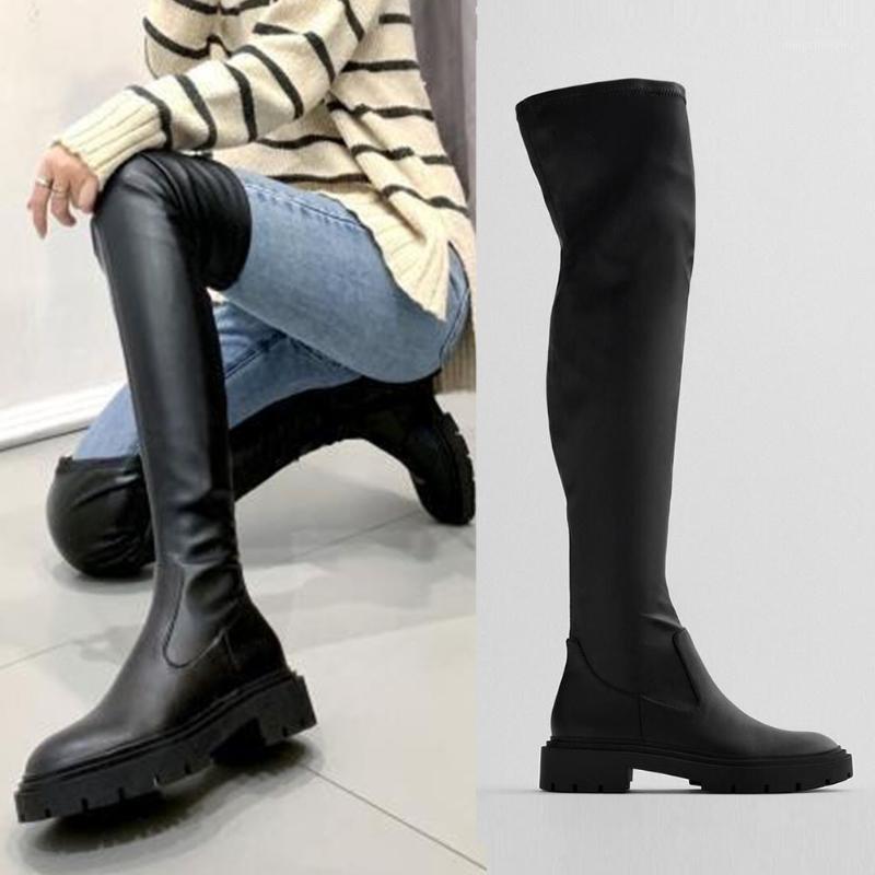 New women's Chunky Heels Thigh High Boots Fashion Zipper Platform Boots Ladies Luxury Casual Stylish Autumn Winter Shoes Woman1, Black short flocklin
