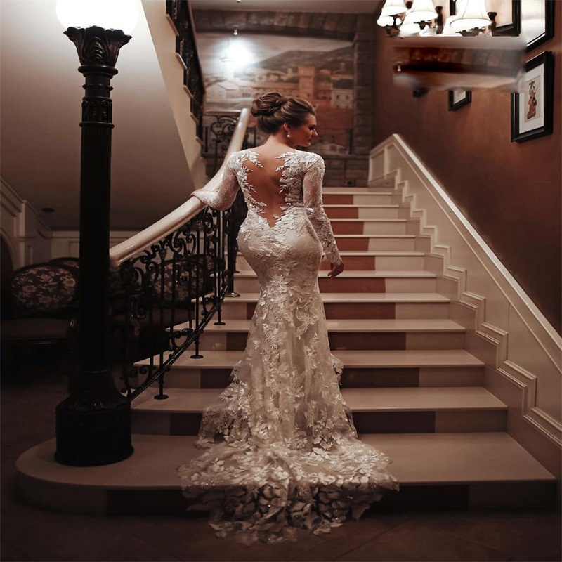 High Neck Mermaid Wedding Dresses Long Sleeves Appliqued Lace Bridal Gowns Sexy Illusion Sweep Train Custom Made Robes De Mariée