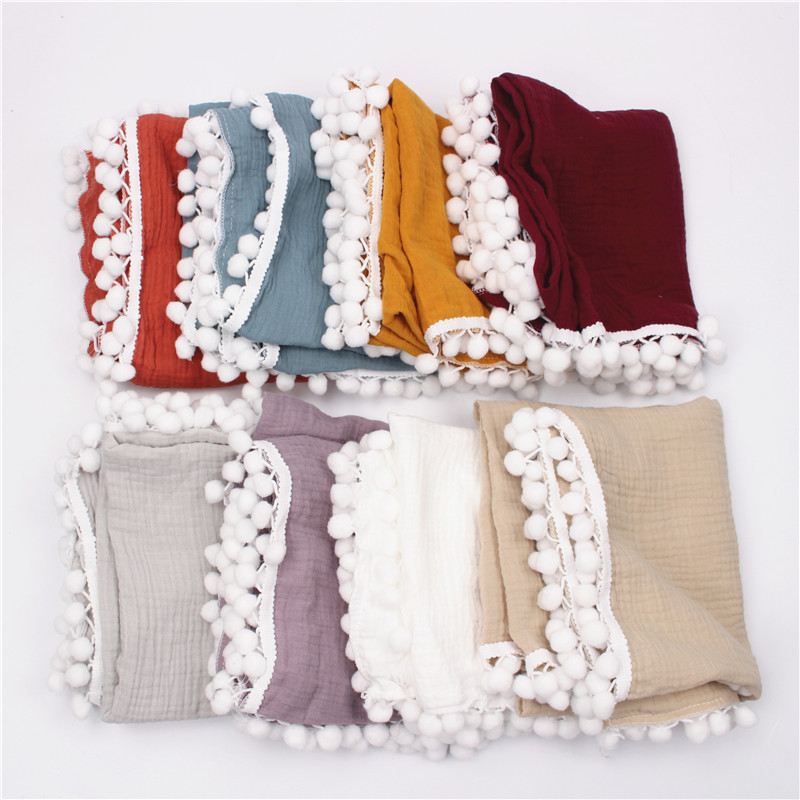 Baby Blankets Newborn Cotton Muslin Swaddle Baby Bath Blanket Bedding Pom Pom Swaddle Wraps Infant Born Photography Props Quilt LJ201204