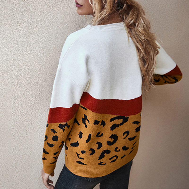Leopard Print Women Sweater Colorblock Patchwork Loose Female Pullover Contrast O-Neck Casual Autumn Winter Lady Jumper 201221