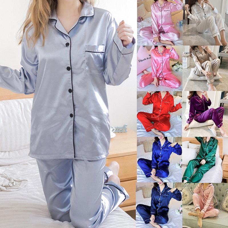 ZITY 2 Pieces Faux Silk Satin Pajamas Set Autumn Women Sleepwear Long Sleeve Pajamas For Women Ladies Pyjamas 201027