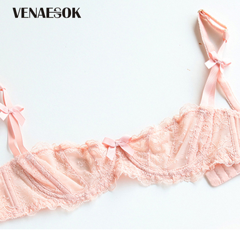 Embroidery Flowers Ultrathin Plus Size Bra Underwear White Women Transparent Lingerie Sexy Lace Bra Half Cup B C D Black 201202