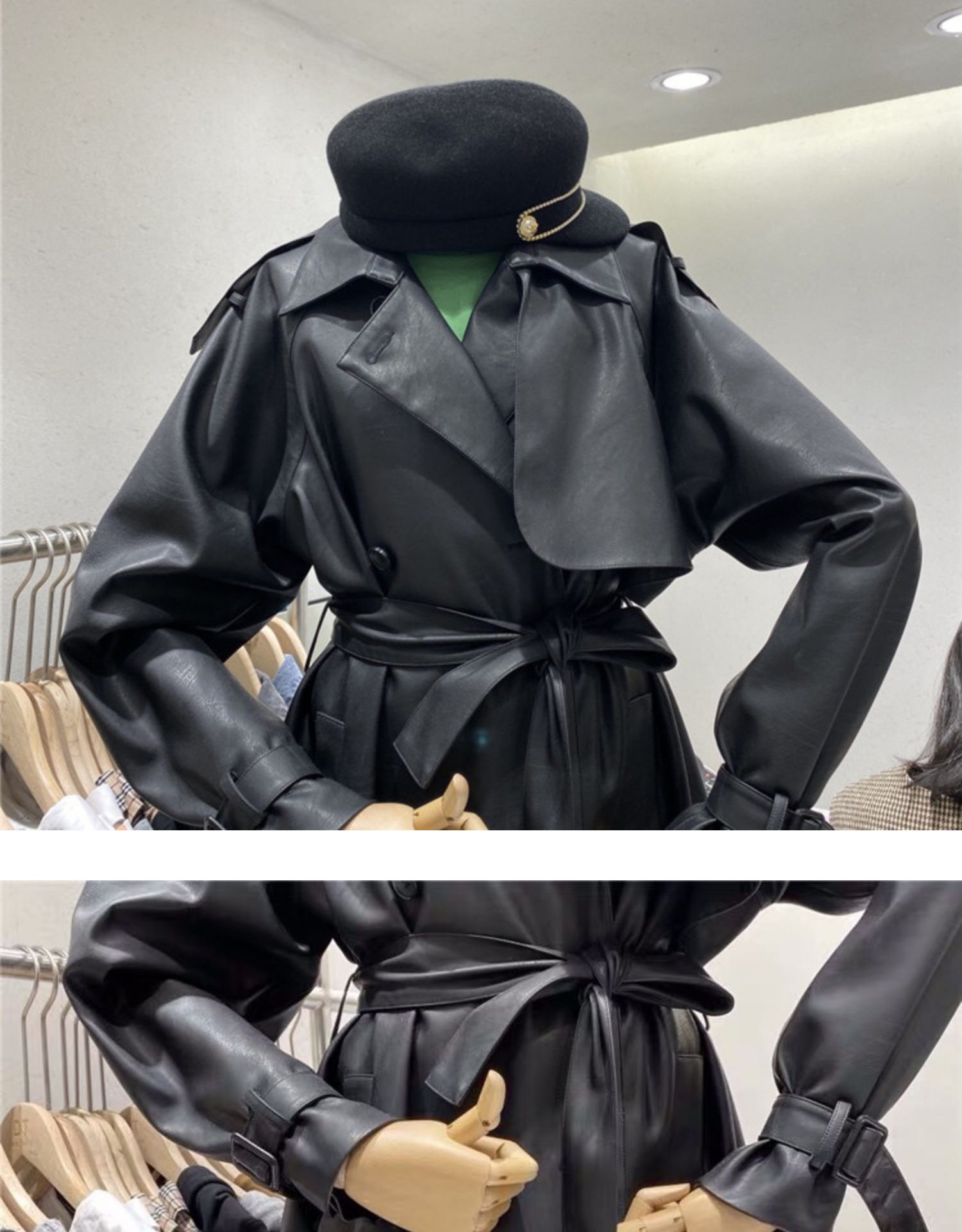 New womens cool fashion turn down collar loose retro sashes PU leather medium long coat casacos