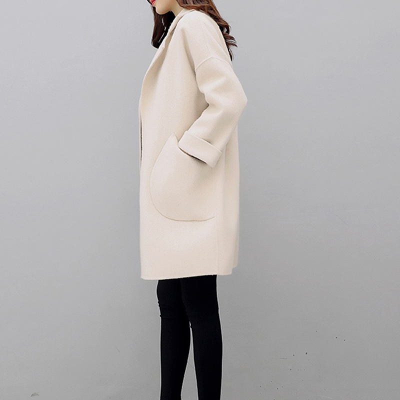 Women Solid Medium Long Woolen Coat Ladies Pocket Open Stitch Turn Down Collar Coats Autumn Winter Female Casual Outerwear 201215