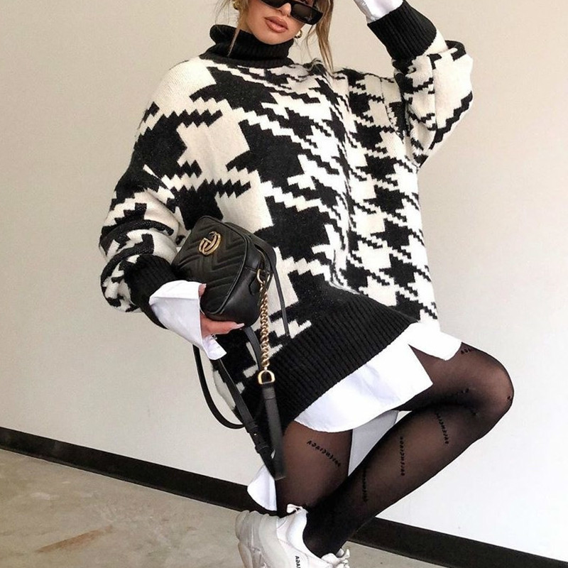2020 turtleneck looses long casual female nightgown oversized retro jumper winter houndstooth sweater, Black
2020 turtleneck looses long casual female nightgown oversized retro jumper winter houndstooth sweater, Black