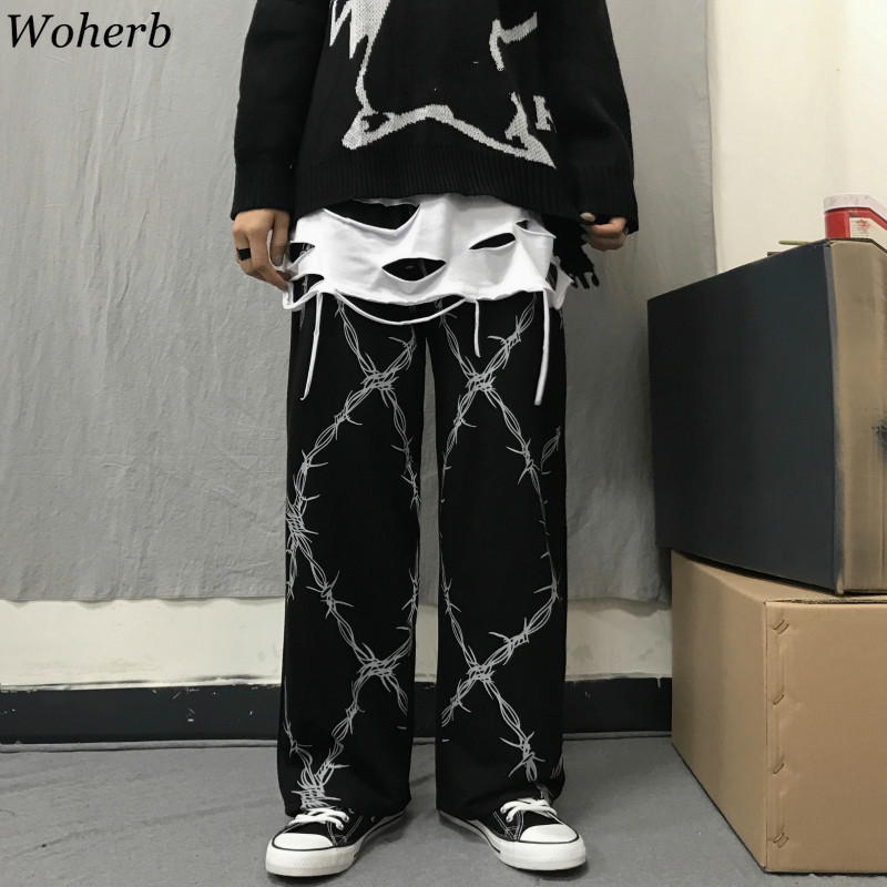 Woherb Harajuku Vintage Women Pants Print High Waist Straight Wide Leg Trousers Casual Loose Korean Fashion New Streetwear 91089 201113