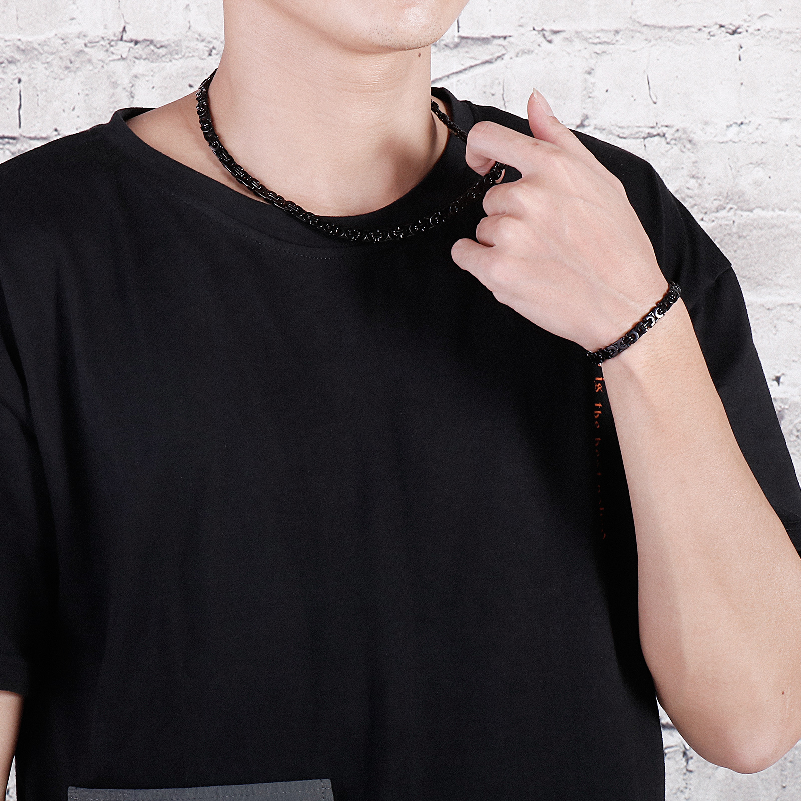 6mm wide 8''+ 20''Thin Silver/ Gold/ Black/ Silver+Black King Chain Stainless Steel Flat Byzantine Chain Necklace Bracelet Mens Wo