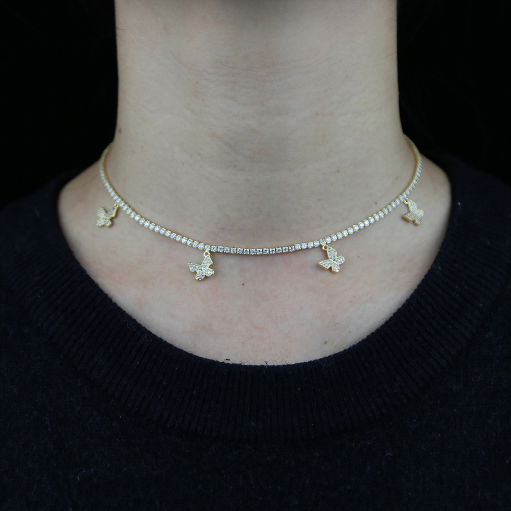 High Quality 2mm Thin CZ Tennis Chain Micro Pave 5A Cubic Zirconia Butterfly Charm Pendant Lovely Animal Women Necklace Jewelry