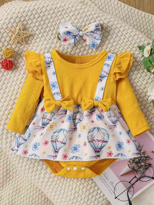 Baby Hot Air Balloon & Floral Print Bow Front Combo Bodysuit Dress With Headband SHE
