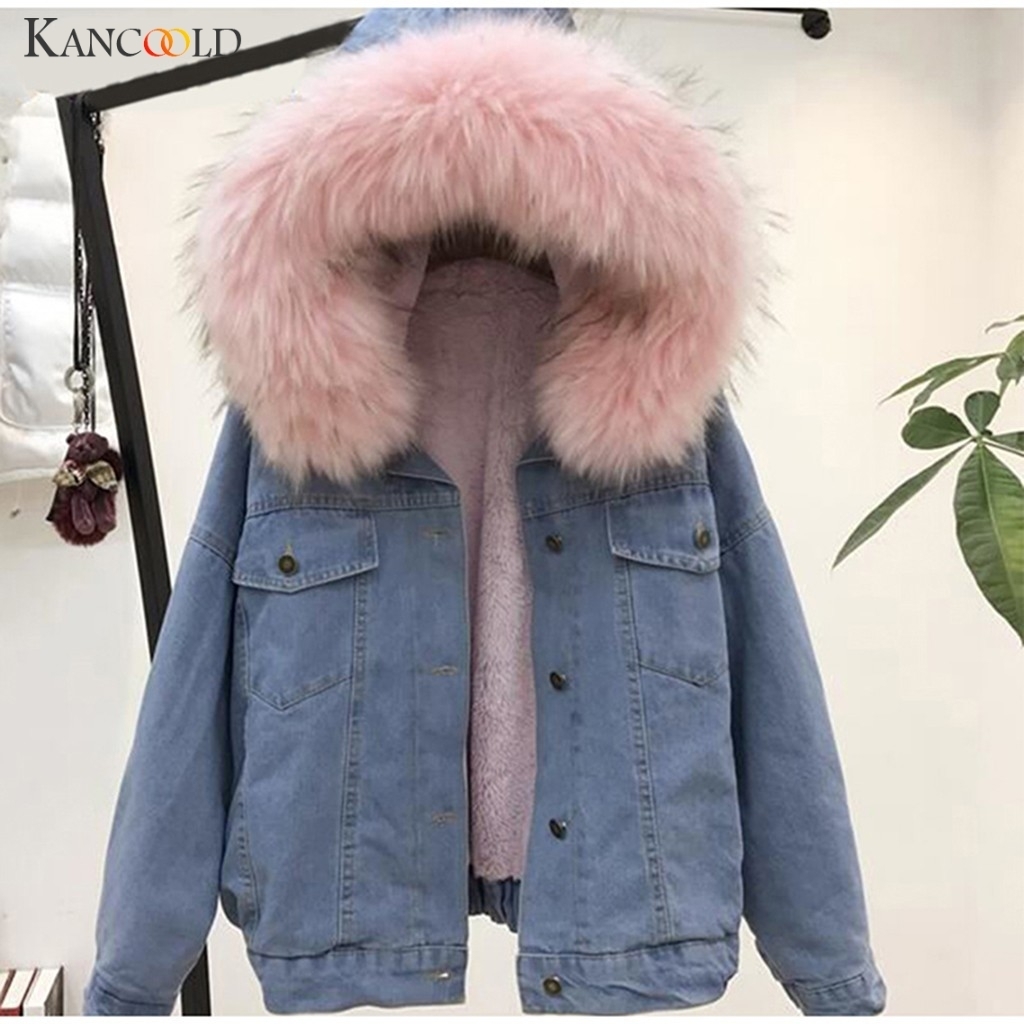 KANCOOLD jacket High Quality velvet thick Slim Denim jacket big fur collar Korean Cowboy Outwear coat Hooded Denim Feminine 09 201112