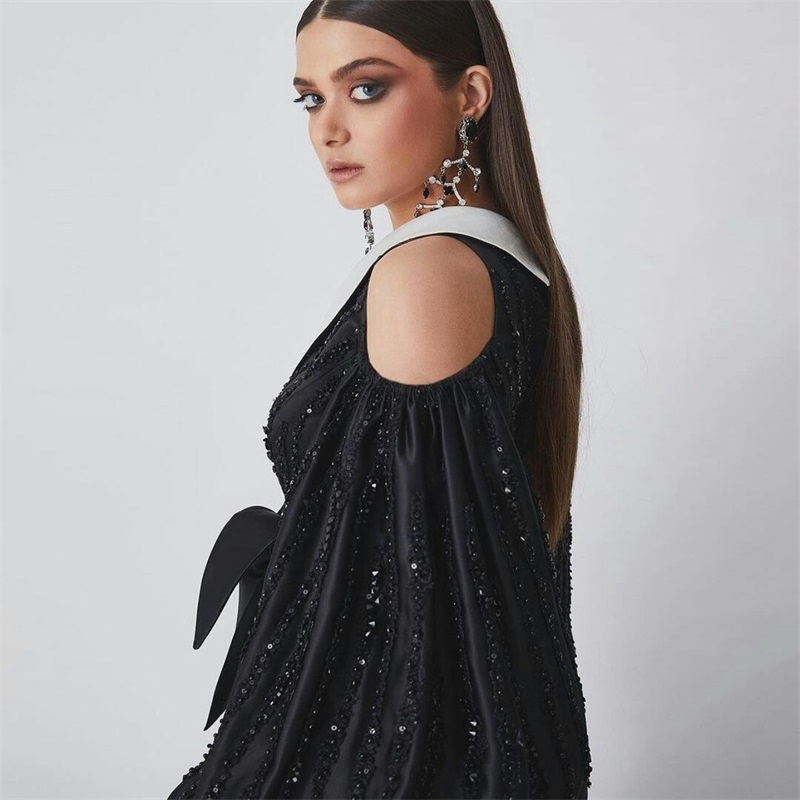 hot sale modern design evening dresses long sleeves white and black sequins beads bling prom dresses hollow sexy custom made robe de soire