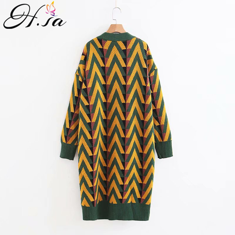 HSA Women Autumn Sweater Jacket Geometric Knit Cardigans Long Overcoat Winter Coat Woman 201203