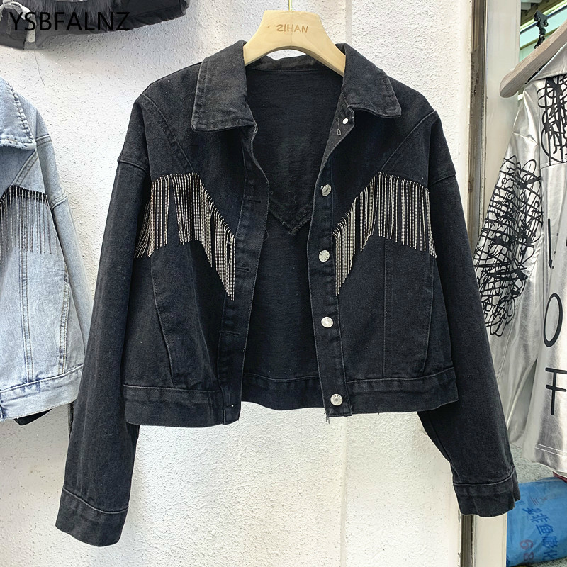 Spring Blue Harajuku Denim Short Jacket Women Fall Chains Fringe Loose High-Waist Jean Clothes Woman Black Students Coat 201106