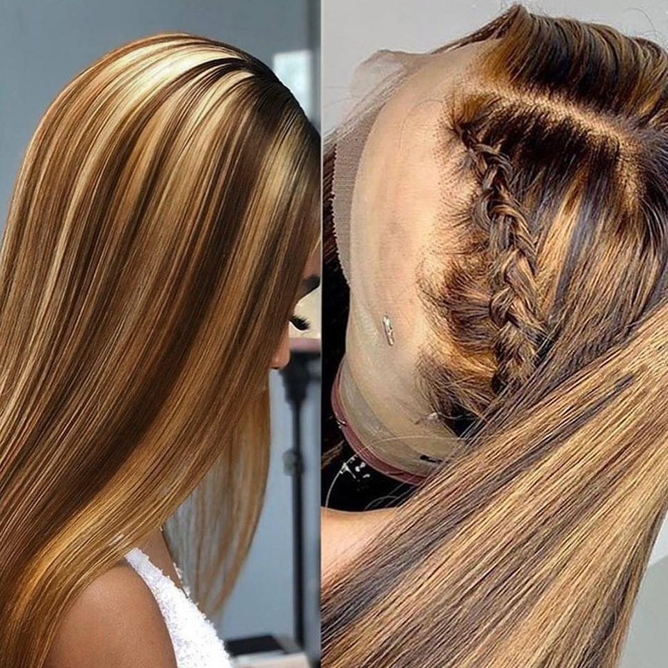 HD Transparent Lace Frontal Human Hair Wig Ombre Highlight Brown Blonde Brazilian Straight Hair Wigs