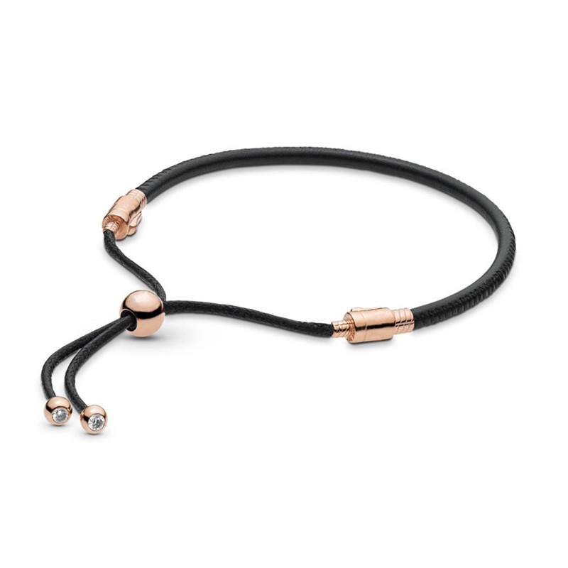 Sterling Sier Rope Bangle Original Black Genuine Leather Pans Bracelet for Women DIY Charm Bead Jewellery Birthday Gift Free shipping