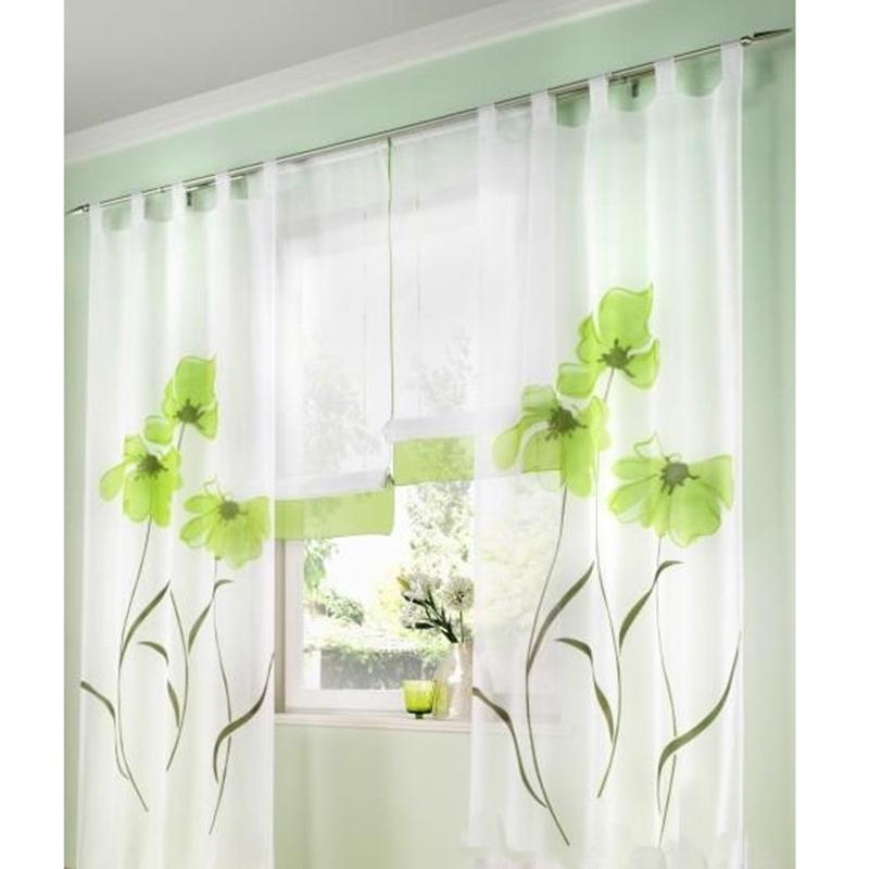 Window Screen Sheer Curtains For Living Room Jacquard Printed Floral Screens Window Treatments Tulle for Bedroom Balcony Drape, Green