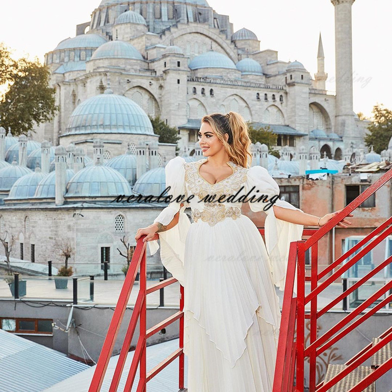 Traditional Kosovo vestidos formales Arabic Wedding Dress Chiffon Sexy Bridal Party Gowns Long Sleeves Robe de Soirée