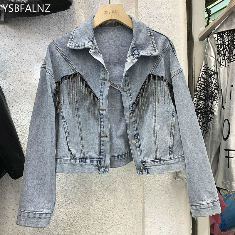 Spring Blue Harajuku Denim Short Jacket Women Fall Chains Fringe Loose High-Waist Jean Clothes Woman Black Students Coat 201106