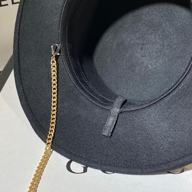 New Women Fedoras Wool Hats Fashion Letter With Chain Elegant Big Hat Black Big Brim