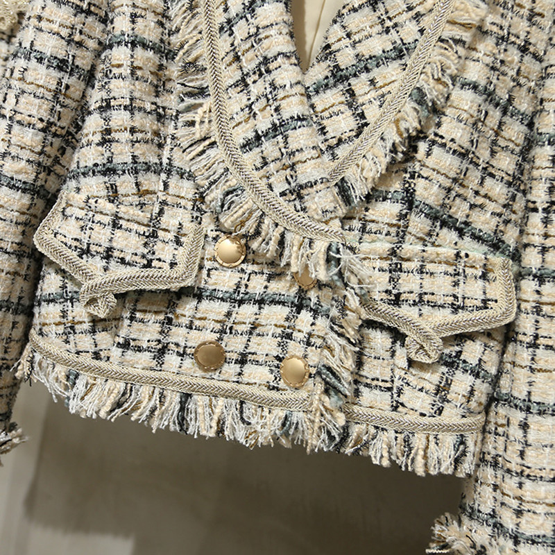 BLLOCUE Tweed Suit Set Winter Women Gold Double-breasted Short Jacket Coat+Tassel Mini Skirt Suit Wool 2PCS Clothing Set 201027