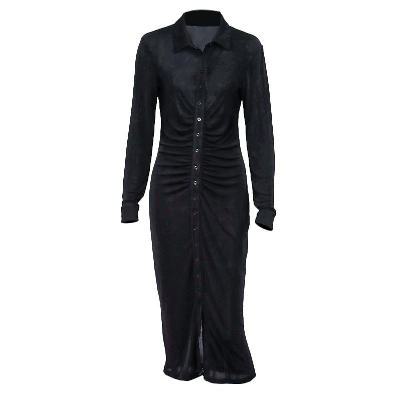 FANTOYE Ruched Turn-Down Collar Button Blouse Dress Women Sexy Long Sleeve Midi Dresses Elegant Black Skinny Female Vestidos1