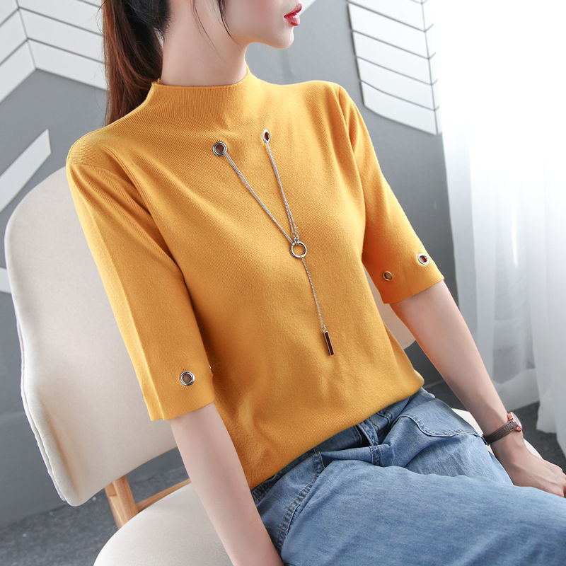 Middle Sleeve Turtleneck Sweater Women Hollow Chain Knitted Sweater Loose Casual Women's Autumn New Female Patchwork 201111wtt