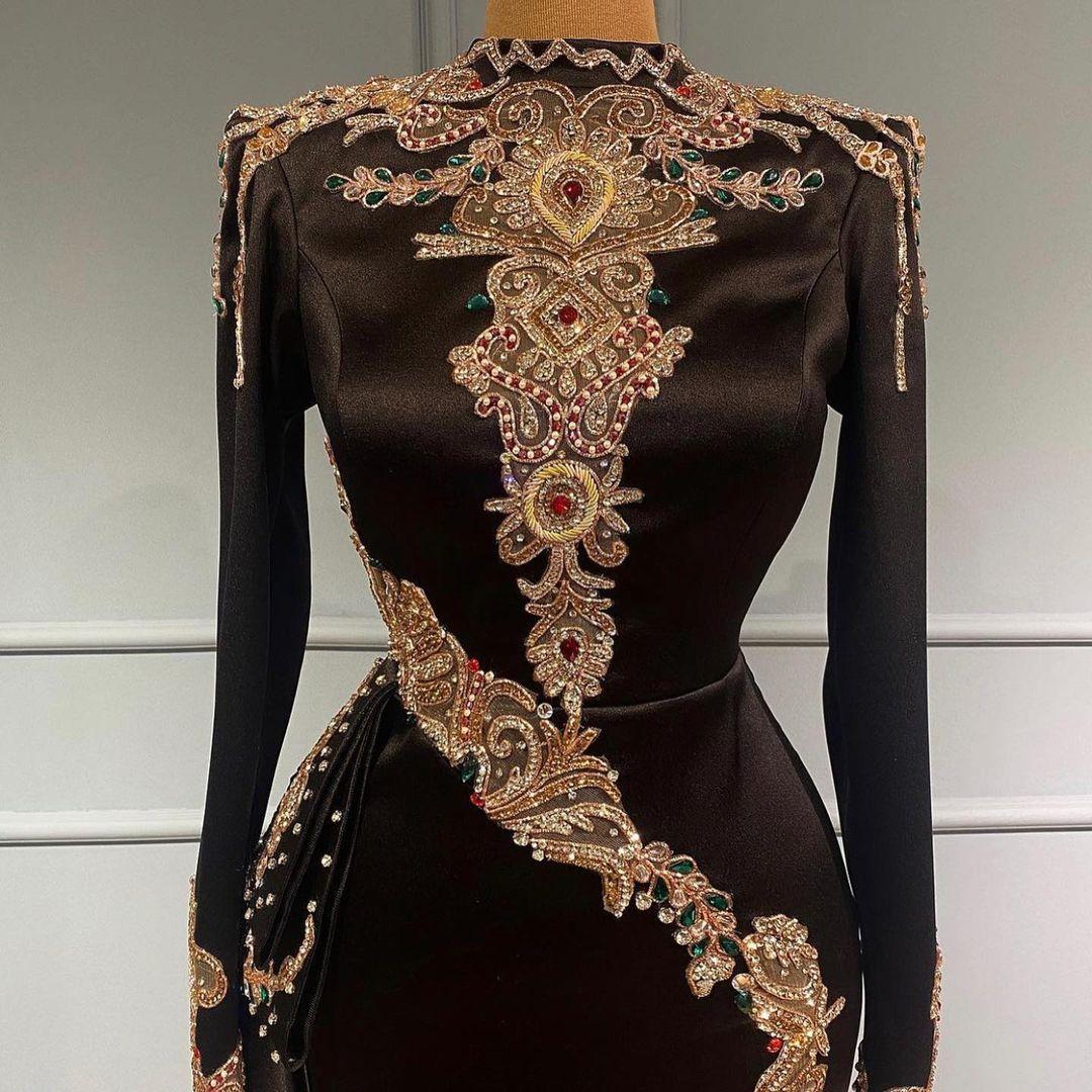 Arabic Aso Ebi Muslim Black Prom Dresses Lace Beaded Crystals long sleeve Evening Formal Party Second Reception Engagement Gowns
