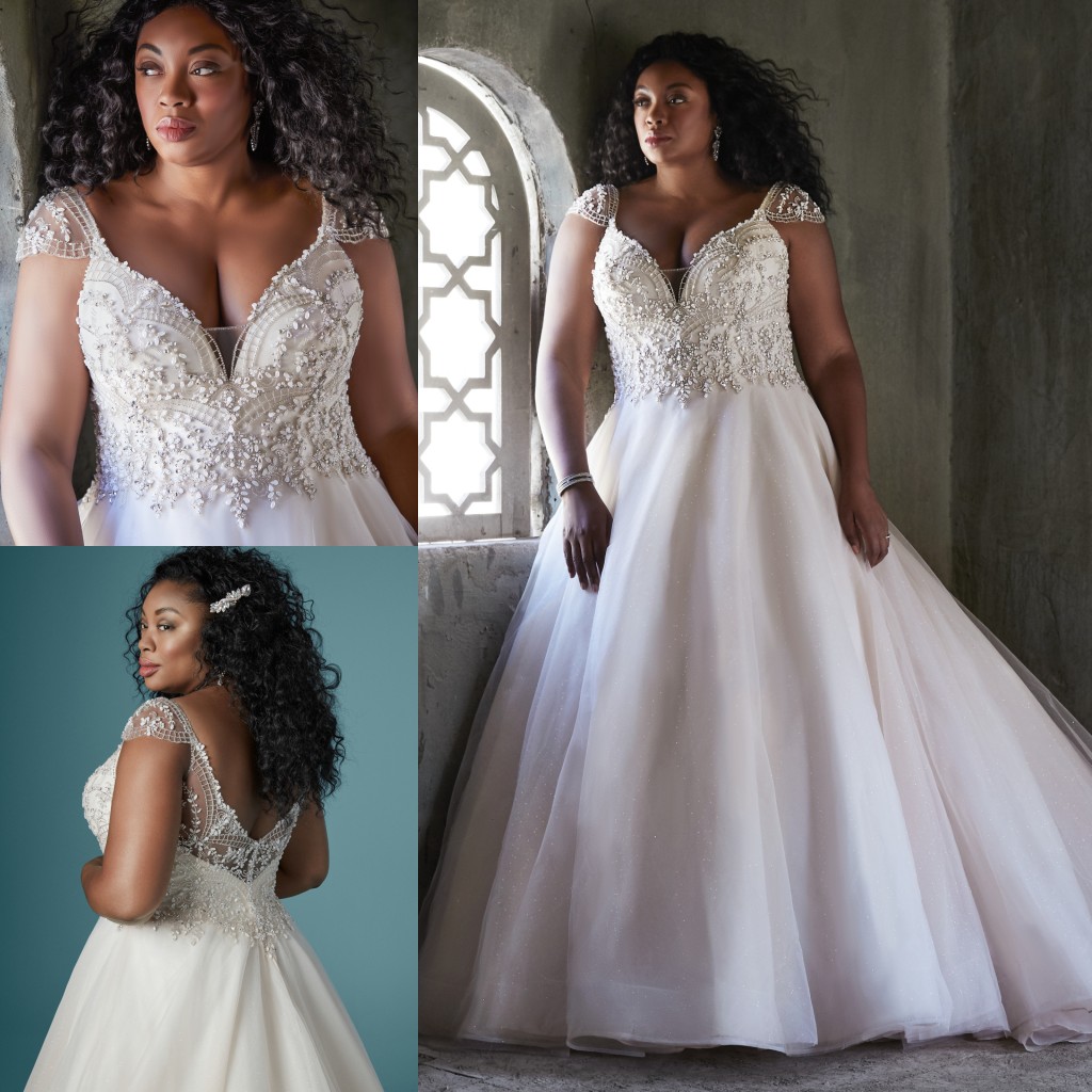 Beaded Plus Size Backless Wedding Dresses V Neck A Line Sequined Bridal Gowns Sweep Train Tulle Robe De Marie