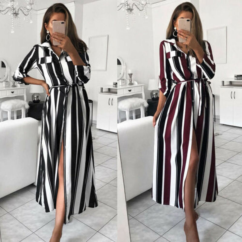 Women Striped Long Maxi Button Shirt Dress Evening Party Long Sleeve Summer Loose Beach Long Dresses, Burgundy
Women Striped Long Maxi Button Shirt Dress Evening Party Long Sleeve Summer Loose Beach Long Dresses, Burgundy