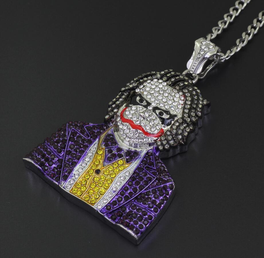 Fashion Iced Out Large Cartoon Clown Cosplay Pendant Mens Hip Hop Necklace Jewelry 76cm Gold Cuban Chain For Men Women Free shipping Free shipping