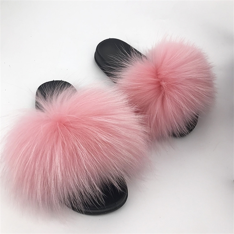 Real Raccoon Fur Slippers Women Sliders Casual Fox Hair Flat Fluffy Fashion Home Summer Big Size 45 Furry Flip Flops Shoes Y200423