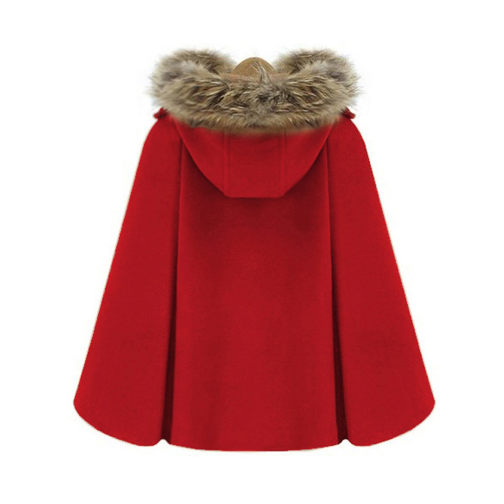 Woolen Female Elegant Poncho and Capes Coat Women Hooded Cape Fur Collar Double Breasted Winter Loose Street Short Overcoat Red 201210