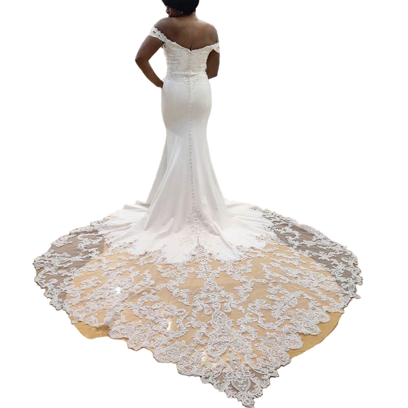 African Lace Long Train Mermaid Wedding Dresses Aso Ebi Design Bridal Formal Gowns Sexy Off The Shoulder V-neck Back Buttons Plus Size Boho Beach Sati