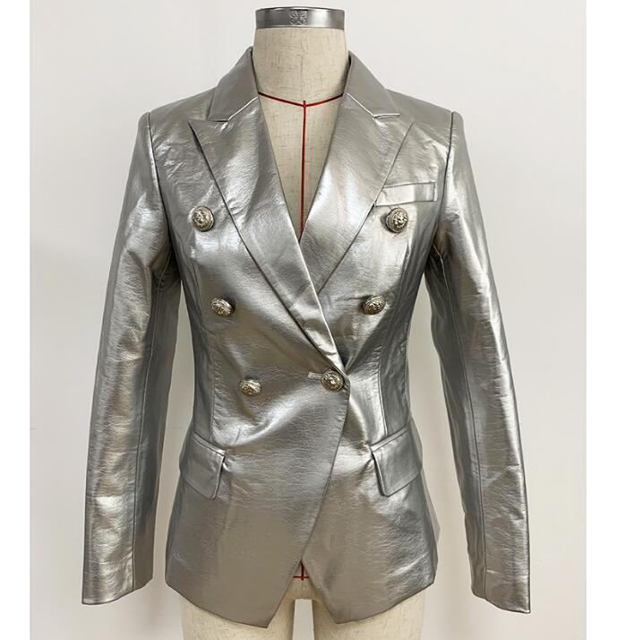 DEAT Autumn Winter Silver Double Breasted Button Outerwear Faux Leather Jacket Women Slim Blazer MG533 201030