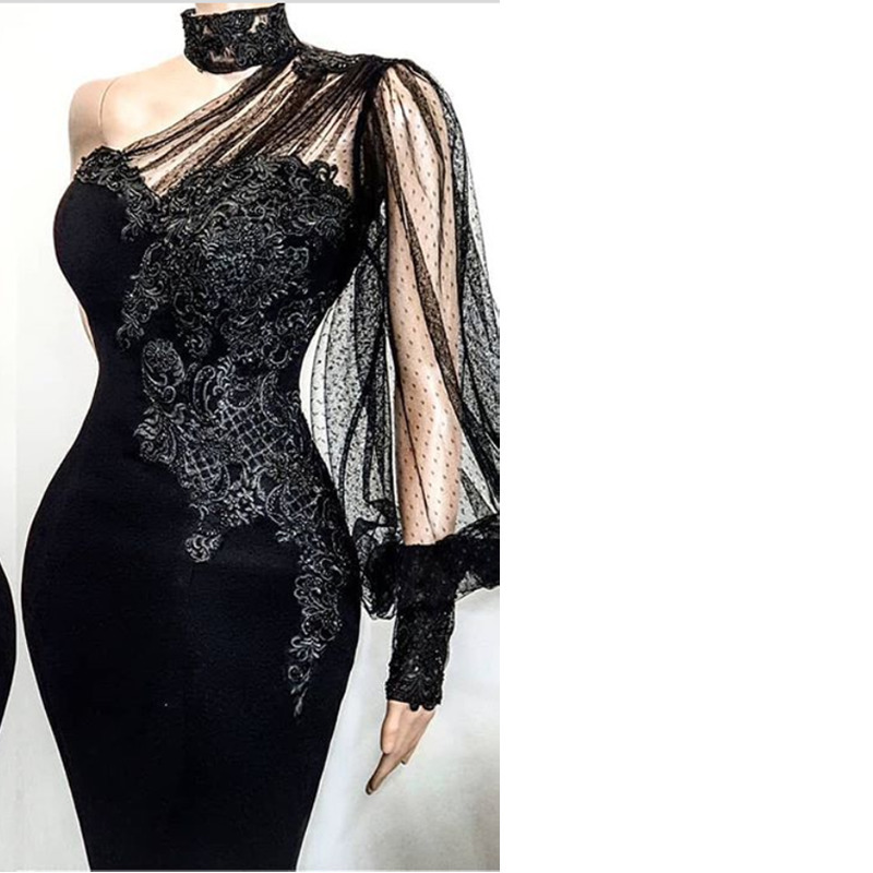 Vintage Lace Evening Dress New Customized One Shoulder Transparent Long Sleeves Black Mermaid Formal Party Gown with Train 201114