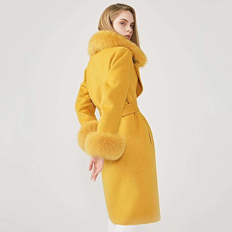 Women's Wool Coat Spring Real Fox Fur Collar Woolen Jacket Adjustable Waist Slim Ladies Long Overcoat 201222