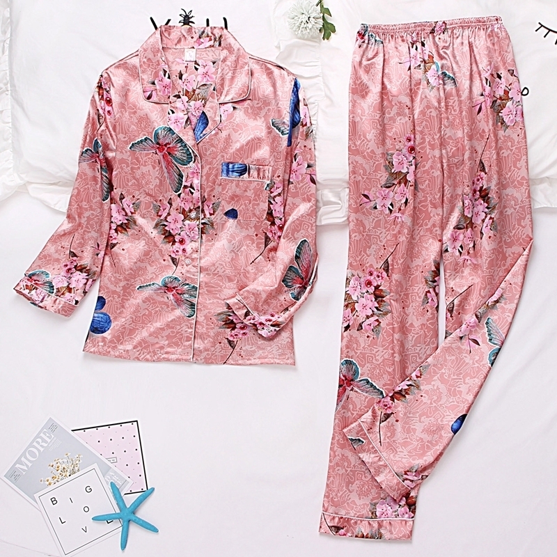 Autumn Winter Print Pattern Women Pajama Set Satin Silk Turn-down Collar Pajamas Sleepwear Long Sleeve Trousers Two Paper Suit 201027