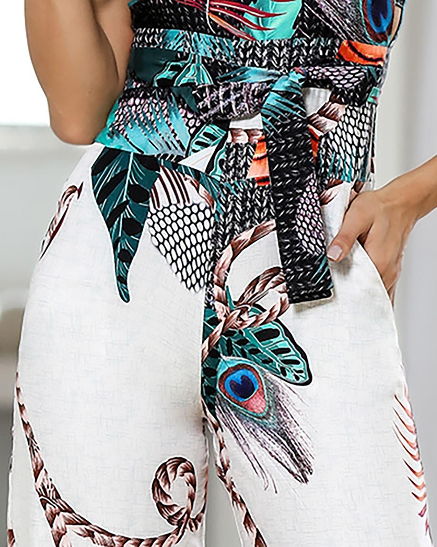 Spaghetti Strap Peacock Print Jumpsuit Summer Printed Long Overalls Playsuit Beach Wide Leg Pants Romper T200107