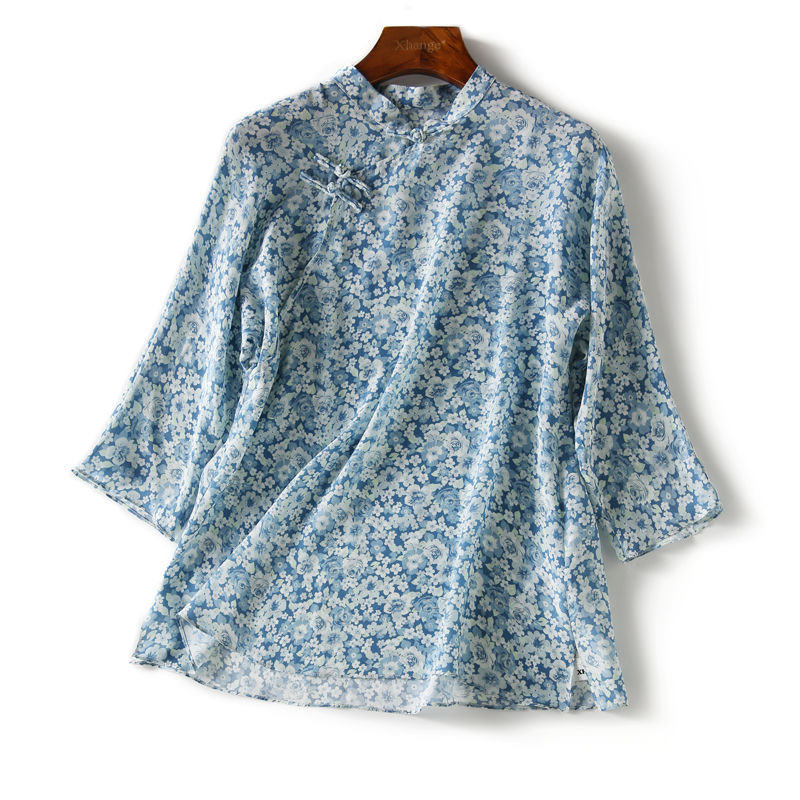 Chinese Style Women Spring Summer Chiffon Blouses Shirts Lady Casual Stand Collar Printed Chinese knot Collar Blusas Tops DD8952 201202